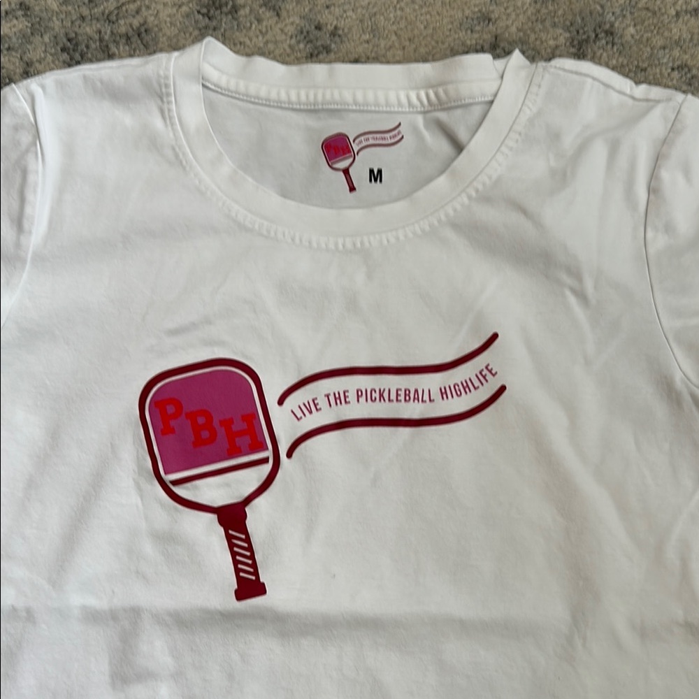 Pickleball live the highlife White T-Shirt Tee Top with Pink Paddle Sz S/M